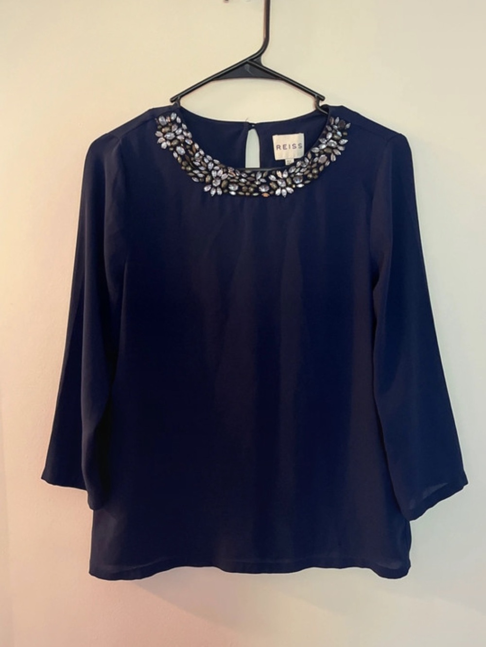 Reiss Embellished Neckline Long Sleeve Blouse Navy US 2 (XS)